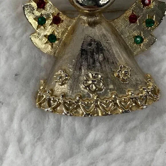 Vintage‎ Christmas Angel Brooch 2" Pin Gold Tone Red Green Rhinestones - Picture 7 of 10